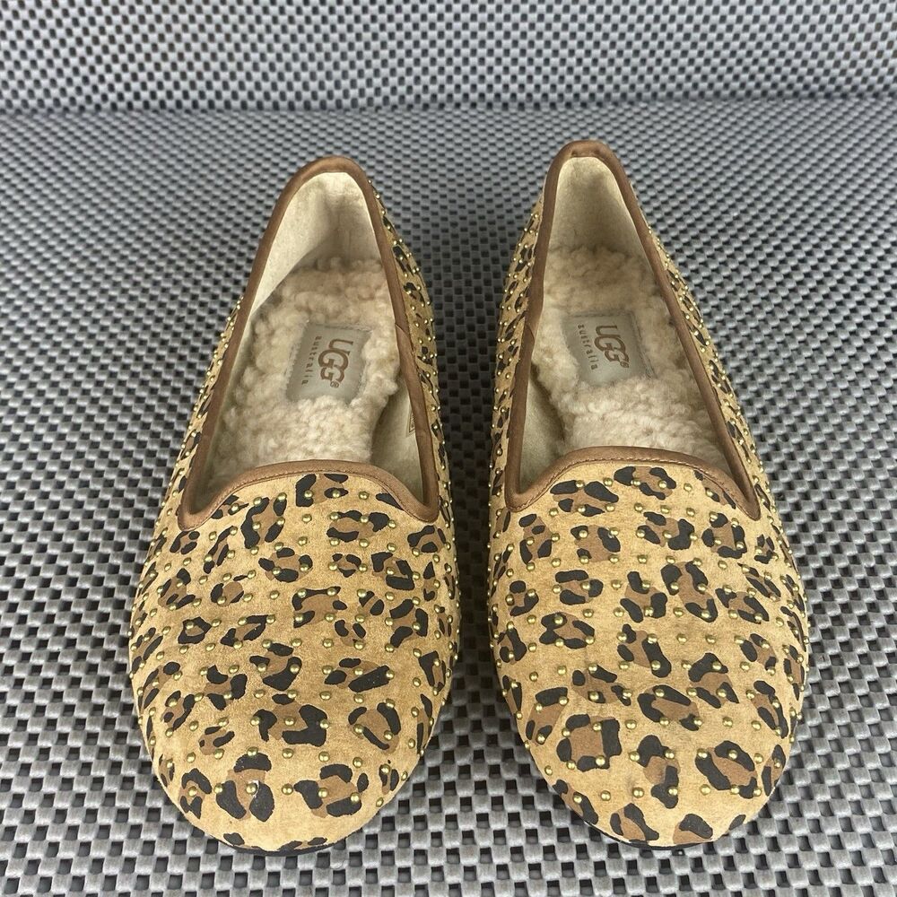 UGG Alloway Studded Ballet Flat Shoes 5 Brown Animal Print Leather Sheepskin - Picture 2 of 12